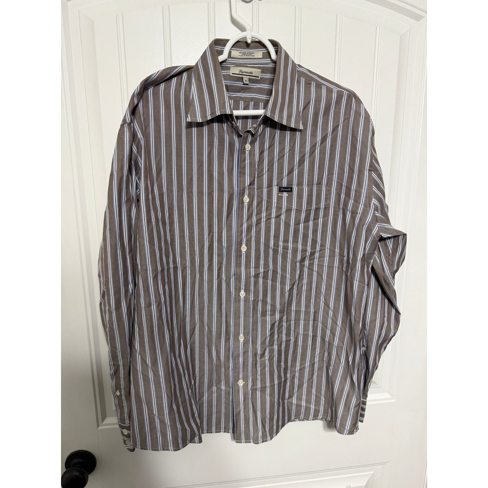 Faconnable Shirt Mens XL Brown Blue White Striped Long Sleeve Button Down EUC